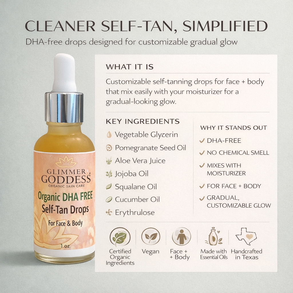 Organic DHA‑Free Tanning Drops – Gradual, No‑Odor Glow